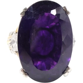 Stunning Quality .925 Sterling Silver NA Lg. Oval Purple Amethyst, 2 White Topaz En Vogue Ring Size