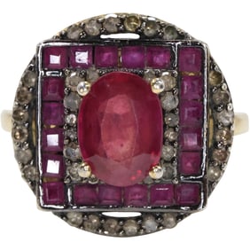 Quality Fine Precious .925 MLD Sterling Silver Gold Vermeil Ctr Oval Ruby & Diamonds Ring Size 6.25