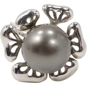 .925 Sterling Silver and Tahitian Pearl Ring Size 7 , 7/8 in. diameter