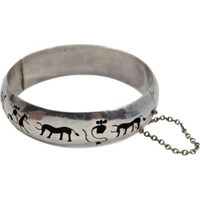 .925 Sterling Silver, 18.1 grams, Mexico FF Hand Cut Outs Native Figures, Animals Bangle Bracelet
