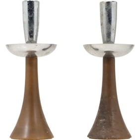 Vintage Mid Century Modern Wood & Chrome Tapered Candleholders - 1950's - 8.75 in. height