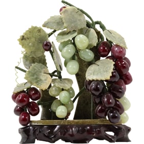 Vintage Lg. 10 in. Asian Jade and Stone Grape Vine Cluster Bonsai Tree Sculpture