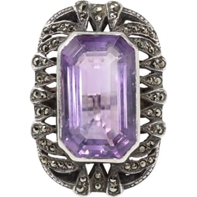 .925 Sterling Silver Large Rectangular Purple Amethyst Stone & Marcasites Ring Size 6