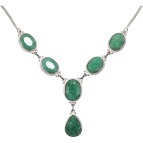 Sterling Silver and Emerald Necklace with Tear Shaped Pendant 18 in. x 1 3/4 in. x 5/8 in.