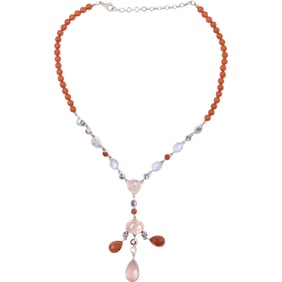 NB Nicky Butler .925 Sterling Silver Carnelian, Moon Stones, Purple Amethyst, Pendant Necklace