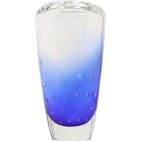 Swedish Hand Blown Glass. Sommerso, Controlled Bubble Art Glass Vase in Clear and Cobalt Blue