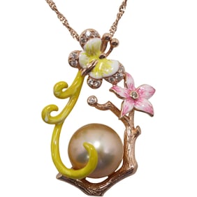 .925 Sterling Silver Rose Gold Tone Freshwater Cultured Pearl in Enameled Flowers Butterfly  Setting