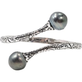 .925 Sterling Silver Hand Engraved Cross Over Cuff Bracelet with Tahitian Pearls Ends