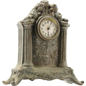 Vintage Victorian-Style Sessions Mantle Clock – Cast Metal, Putti Cherubs, Ornate Design