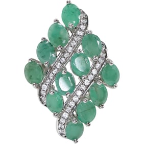 .925 Sterling Silver with Emeralds and Diamond Channeling Ring Size 7 , 3/4 in. x 3/4 in.