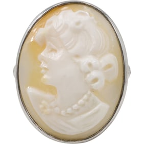 .925 Sterling Silver Italy Hallmarked Cameo Ring Size 7, Portrait of Elegant Woman, 7/8 in. x 1 in.