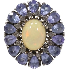 .925 Sterling Silver Yellow Opal, Diamonds and Purple Amethyst Stones Ring Size 7,  3/4 in. dia.