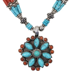 .925 Sterling Silver Native American Turquoise and Coral Bead Necklace with Ctr Medallion