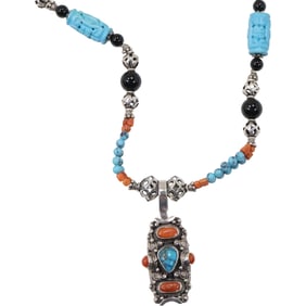 Native American Indian Necklace and Pendant: Black Onyx Beads, Turquoise, Coral Beading,