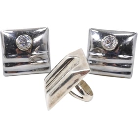 TL-41 Mexico .950 Sterling Silver with CZ Clip-on Earrings; TL-31 Mexico .925 Sterling Ring Size 7