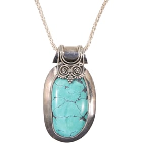.925 Sterling Silver Native American Turquoise Pendant Necklace on .925 Sterling 18 in. Wheat Chain