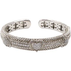 .925 Sterling Silver, 45.2 grams, Judith Ripka, CZ Heavy Rope Twist Lines Cuff Bracelet, CZ Hearts