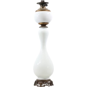 Circa 1890 Victorian White Glass Banquet Lamp with Duplex Burners, 31 Inches Tall