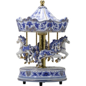 The San Francisco Music Box Co Emperor's Garden Blue & White Porcelain Musical Carousel