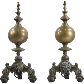 Pair of 19th-Century English Brass Andirons with Lion Mask Motifs