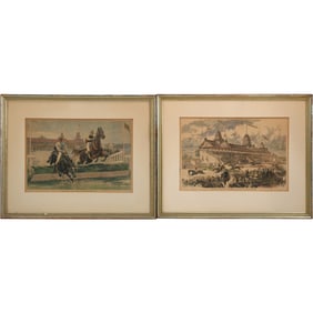 [2] Colored Etchings, A R Waud, Grand Stand / Steeplechase Monmouth Park, framed