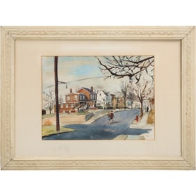 Unsigned Vintage Watercolor Painting Quaint New England Village Street with Figures