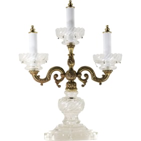 Pair Vintage Hollywood Regency Crystal Glass and Cast Metal Triple Candelabras 16 in. height