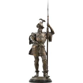 38" French Musketeer Statue – Cast Metal Spelter, Original Bronzed Patina, Vintage Figure