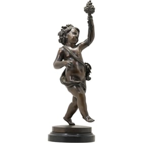 Large Bronze Cherub Figure Holding Torch Good Patina