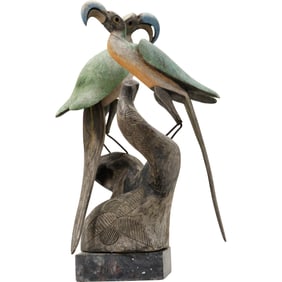 Carved Wood Grouping Sculpture of Two Horn-bill Birds in Original Patina 13 inches height