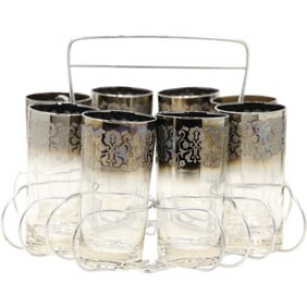 Set of 8 Dorothy Thorpe Style Silver Lusterware Textured Floral Glasses w/ Metal Caddy / Barware