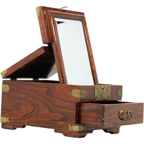 1930s Antique Wood and Brass Oriental Travel Vanity Mirror/ Shaving /Storage Box