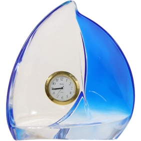 Hoya Crystal Cobalt Blue Glass Nautical Sailboat Art Sculpture with Bulova Clock