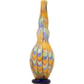 Tall Murano Art Glass Vase, Double Gourd Shaped, Multi Colors Pulled Feather Design