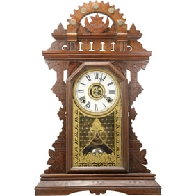 Antique Walnut Victorian Ingraham Mantle Clock with Original Pendulum and Key