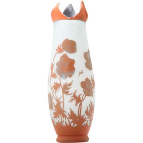 Signed Galle 3-Color Cut Cameo Art Glass Vase with Floral Motif 21 inches height, unusual petal top