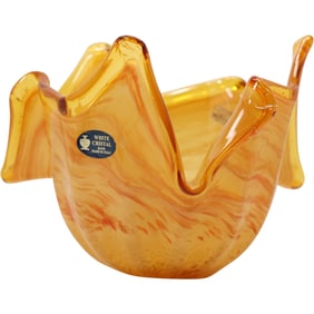 Murano "White Cristal" Italy Orange Art Glass Handkerchief Bowl / Vase