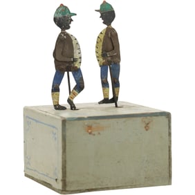 Folk Art Wood and Tin Wind-up Jigger Dancers Toy, Original Paint, Original Stenciling 7.5 in. height