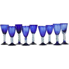 9 Hand Blown Cobalt Blue Stemmed Goblets