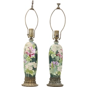 Pair 1920s Porcelain MORIAGE Floral Table Lamps 23 inches overall height