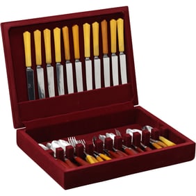 Vintage Amber Bakelite Handles Flatware Set in Box - See Pictures for Item Count