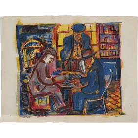 Helen Malta (b. 1910) Signed Color Lithograph – Game of Chess, Vintage American Art