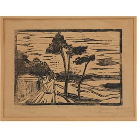 Gretchen Wohlwill (1878 - 1962 Germany[, Signed and Dated 1948 Woodblock Coastal with Trees