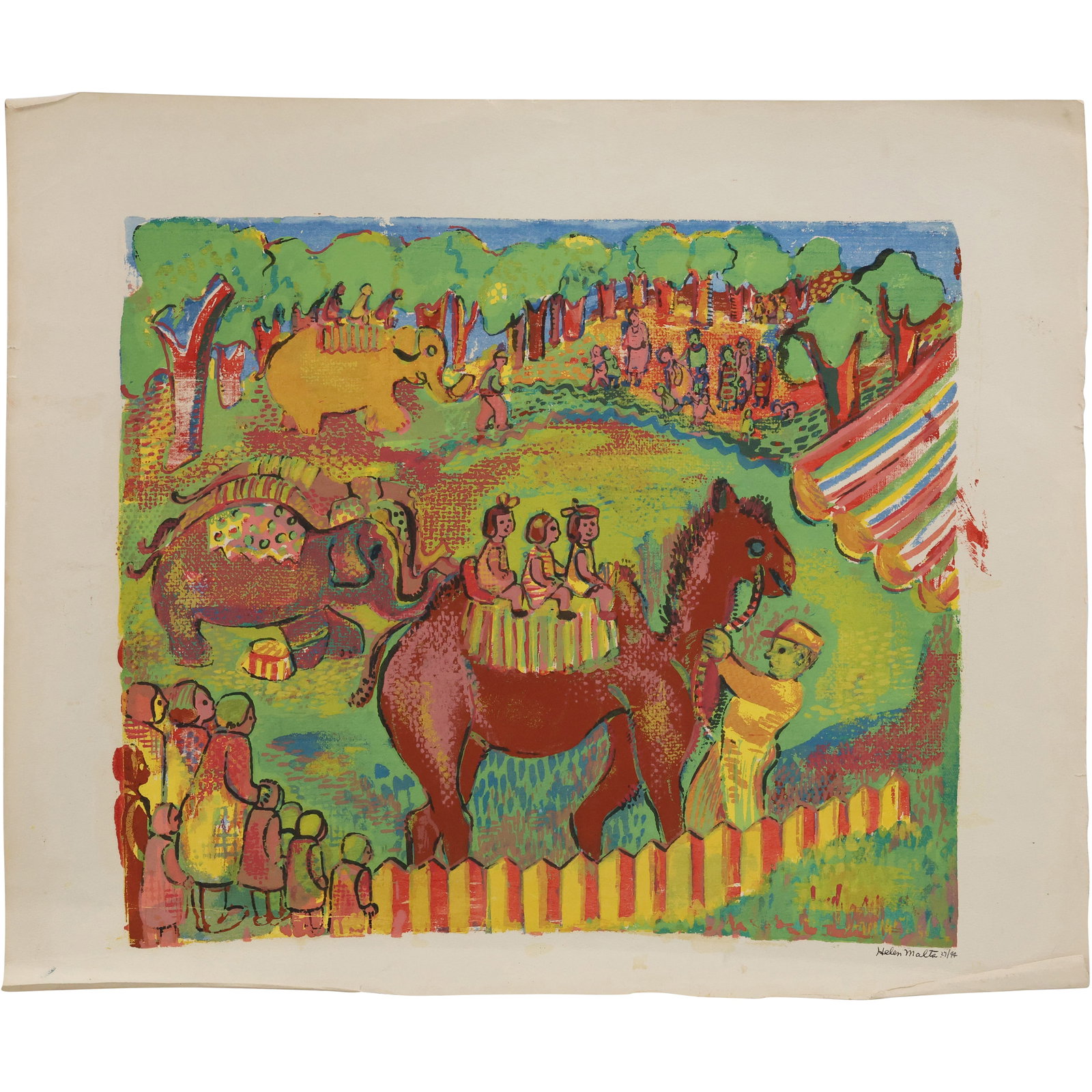 HELEN MALTA (b. 1910, American), Color Lithograph "Circus Camel Ride", Signed (1 of 15)