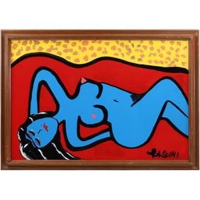 Thomas Pulgini, American, Pop-Art Oil on Board Panting, Reclining Blue Woman, Signed, Framed