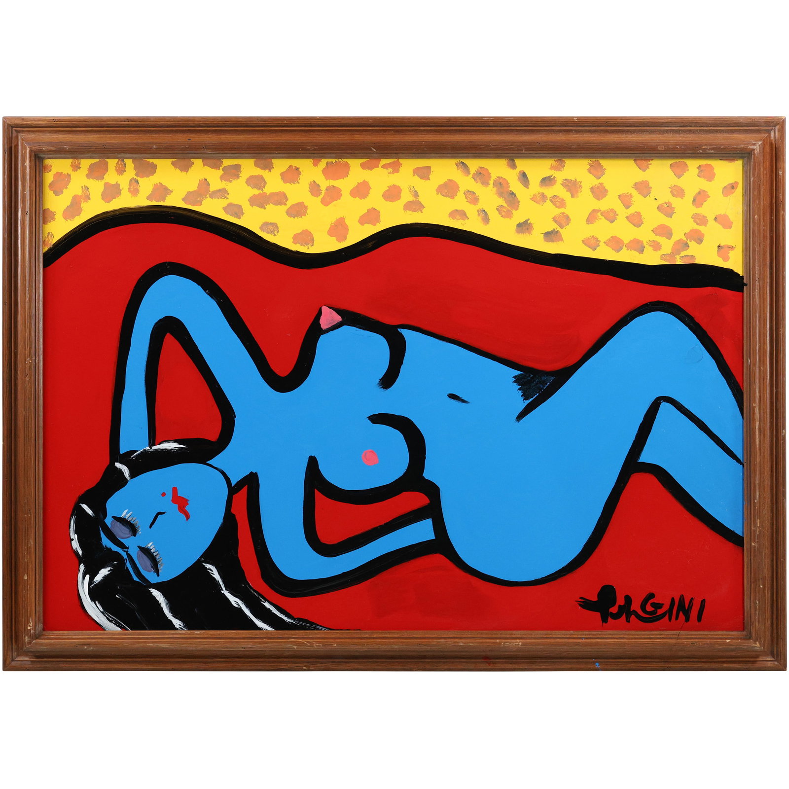 Thomas Pulgini, American, Pop-Art Oil on Board Panting, Reclining Blue Woman, Signed, Framed: Thomas Pulgini, American, Pop-Art Oil on Board Panting, Reclining Blue Woman, Signed, Framed. Well Listed American Artist. size: 25.75 x 37.75 , outside of frame. ASKart: Thomas Pulgini, Born 1965 in
