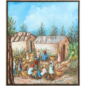 Guerda Louizor (Born 1940) Haiti; Oil on Canvas Painting, Haitian Figures Market Scene