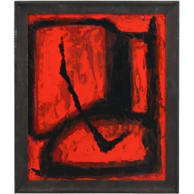 Mid-Century Modern Abstract Oil Painting – Bold Red and Black Composition, Framed