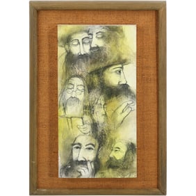 Signed Irwin, Judaica Oil on Canvas Painting Multiple Rabbi Portraits, Original Frame