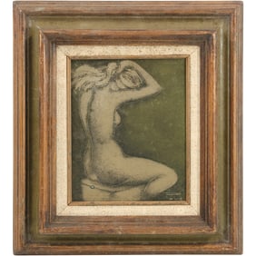 Signed Pave Vintage Oil Painting – Seated Nude Figure, Original Framed Artwork